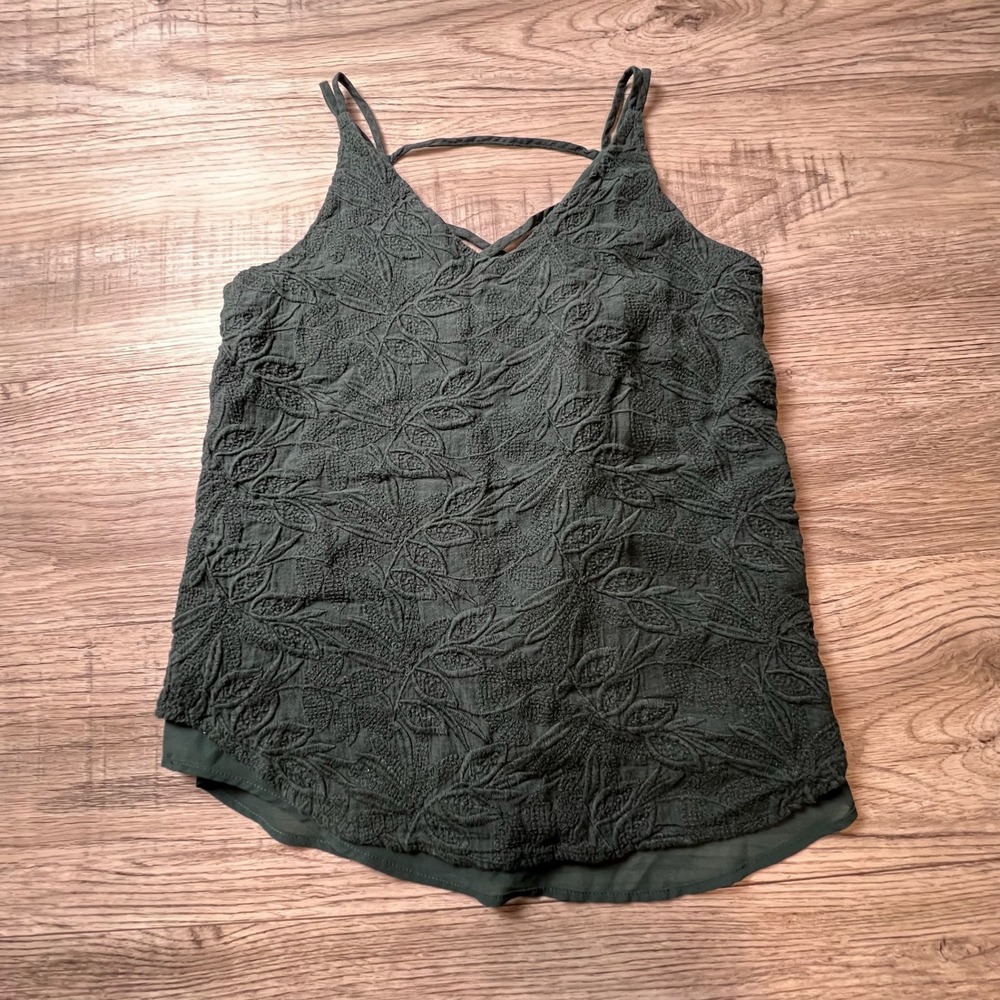 LOFT Camisole Women XSP Dark Green Embroidered V-Neck Crisscross Back Tank Top